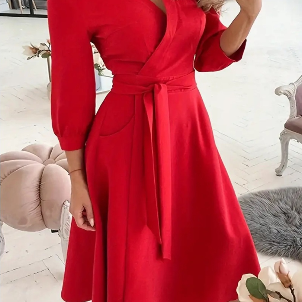 Elegant Red Long Sleeve Wrap Dress